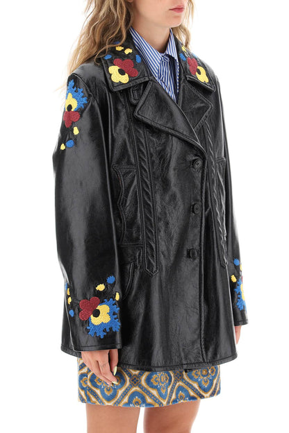 Jacket In Patent Faux Leather With Floral Embroideries  - Nero