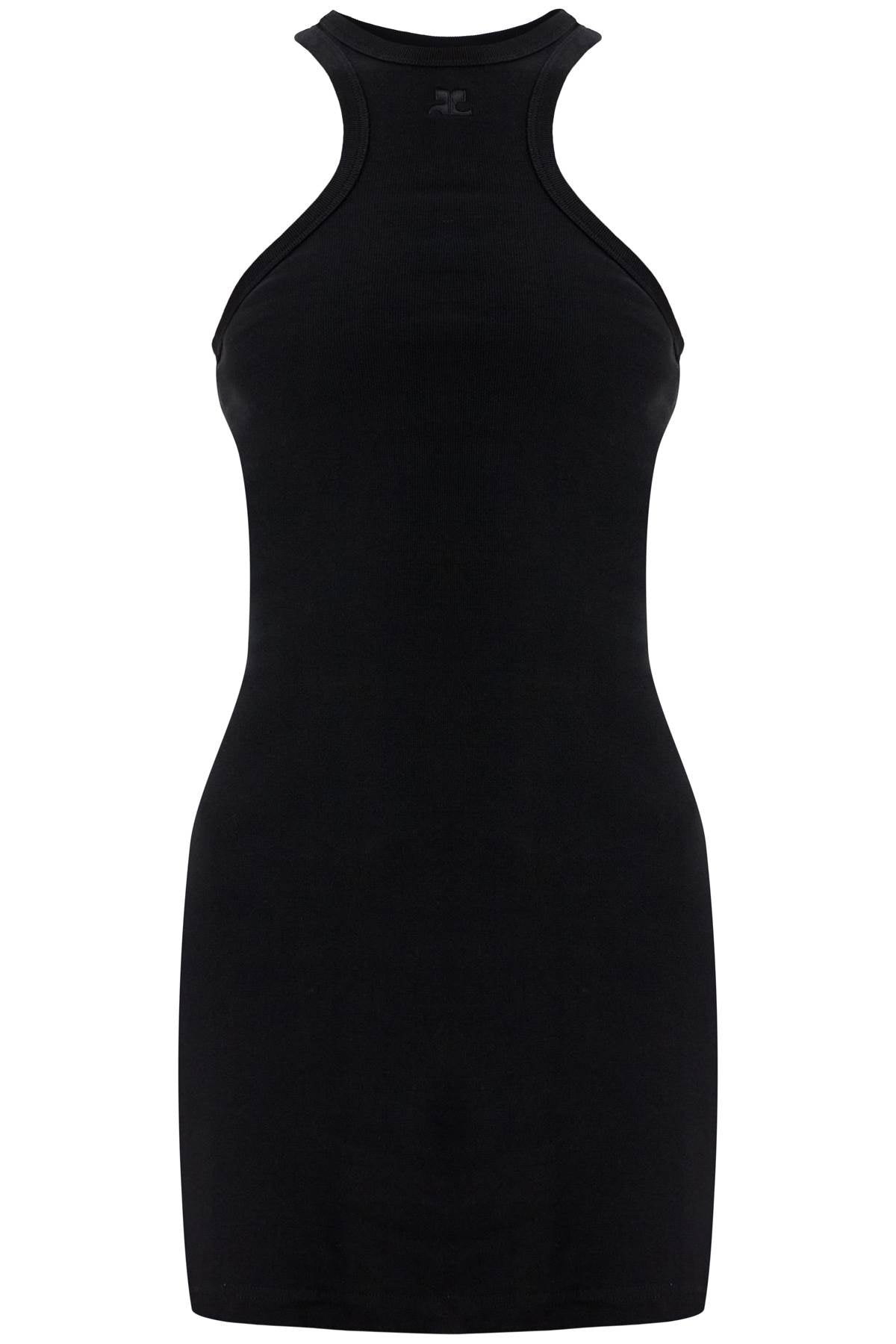 Black Cotton Mini Dress With High Neck And Sleeveless Design  - Black