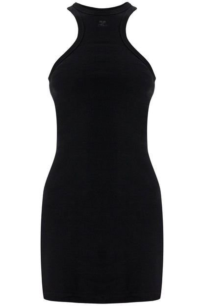 Black Cotton Mini Dress With High Neck And Sleeveless Design  - Black