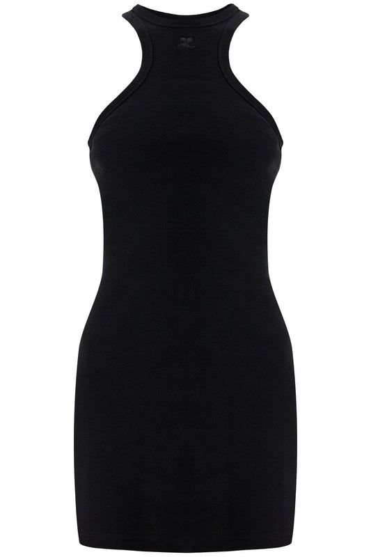 Black Cotton Mini Dress With High Neck And Sleeveless Design  - Black