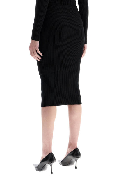 Black Midi Skirt In Viscose And Polyester With Vertical Ribs  - Black