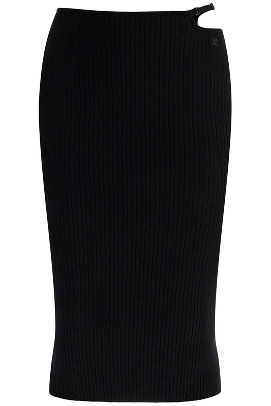 Black Midi Skirt In Viscose And Polyester With Vertical Ribs  - Black