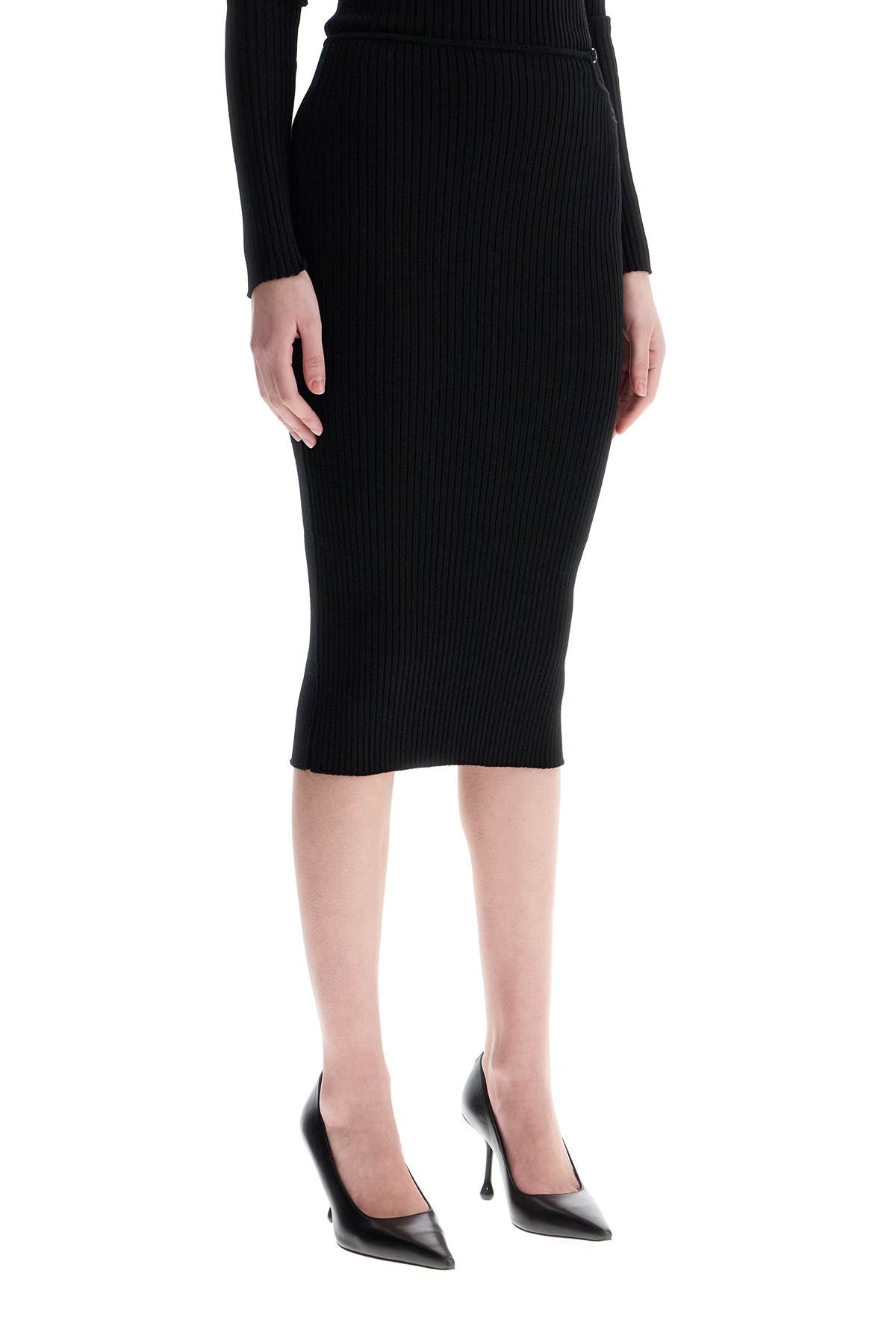 Black Midi Skirt In Viscose And Polyester With Vertical Ribs  - Black