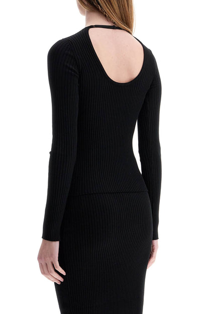 Black Viscose And Polyester Sweater With Drop Neckline  - Black