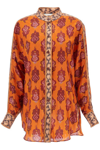 Orange Silk Shirt Ikat Long Sleeve Loose Fit  - Orange