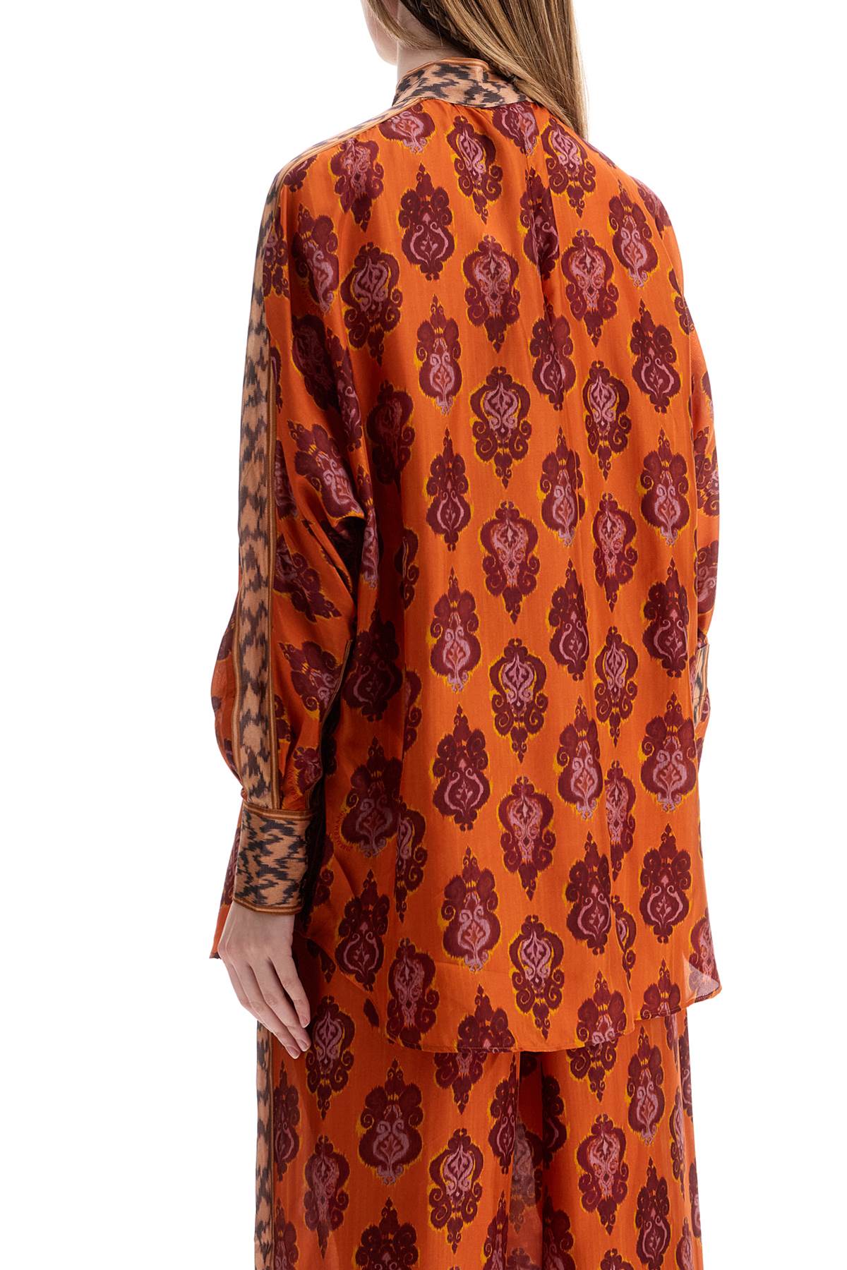 Orange Silk Shirt Ikat Long Sleeve Loose Fit  - Orange