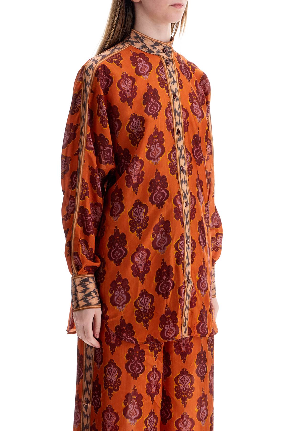 Orange Silk Shirt Ikat Long Sleeve Loose Fit  - Orange