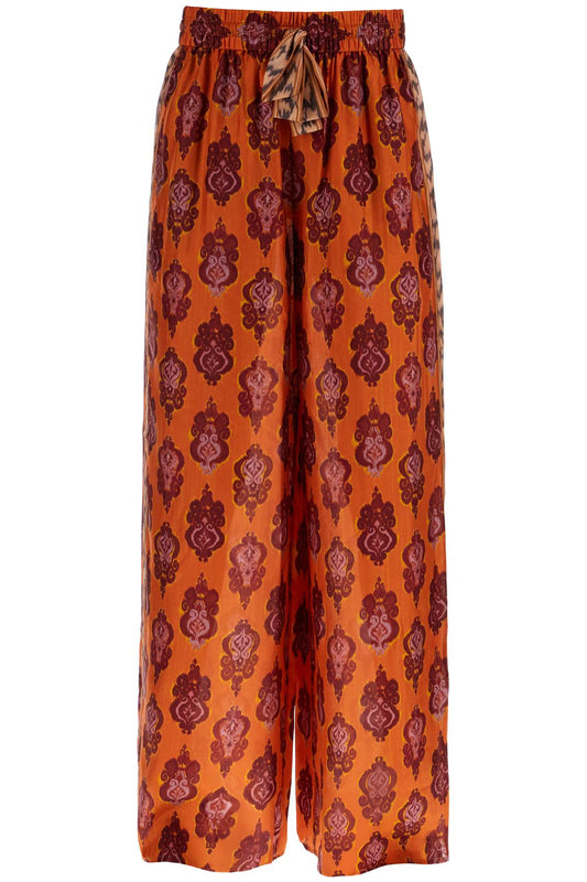 High Waist Wide Leg Ikat Print Silk Pants Orange  - Orange