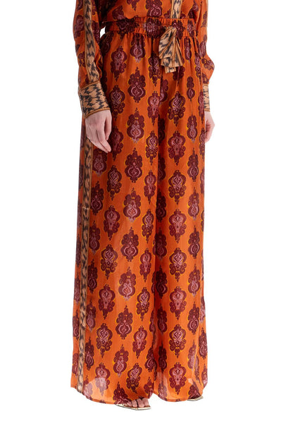 High Waist Wide Leg Ikat Print Silk Pants Orange  - Orange