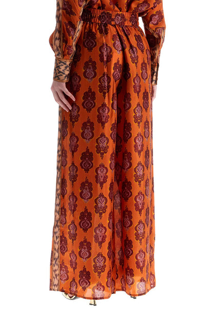 High Waist Wide Leg Ikat Print Silk Pants Orange  - Orange