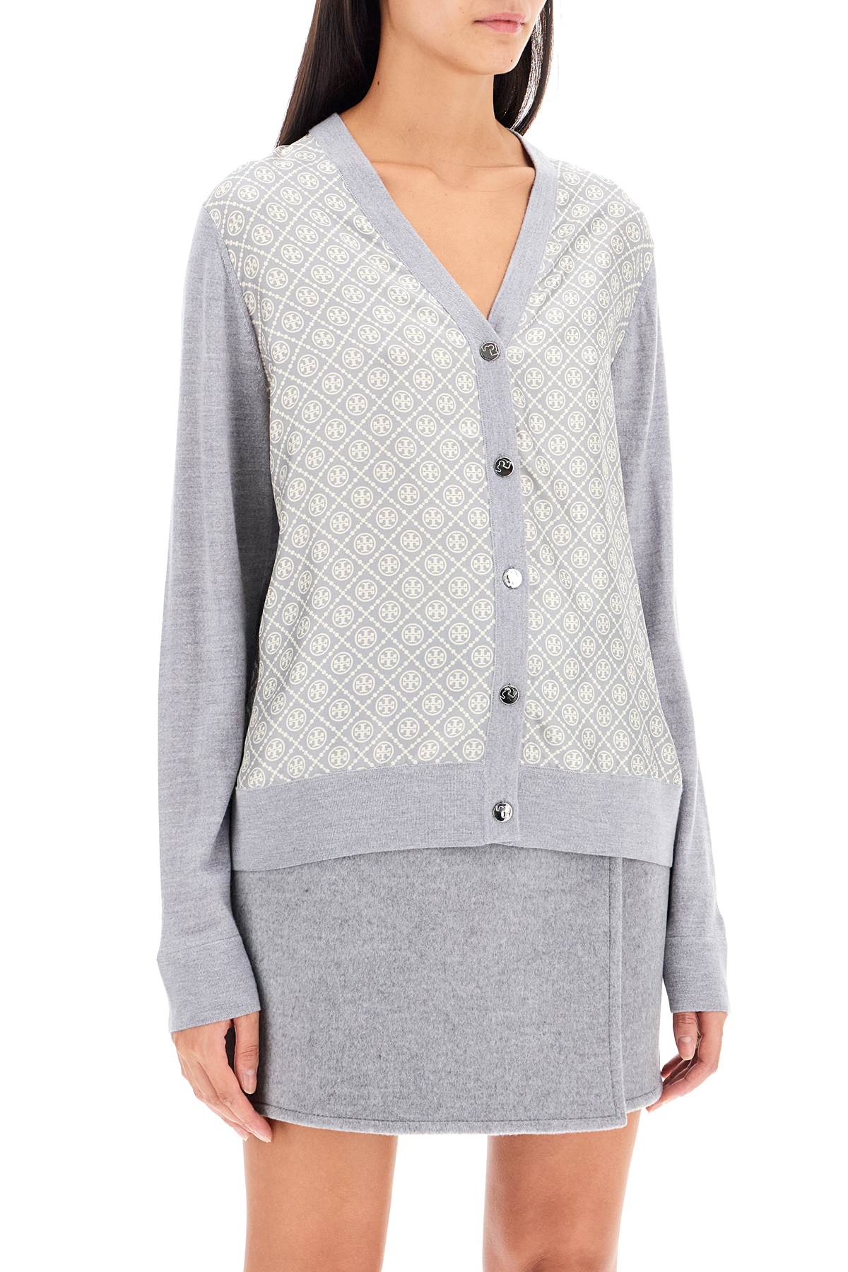 Silk Insert Cardigan With Eight  - Grey