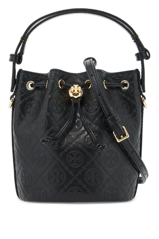 Mini T Monogram Leather Bucket Bag  - Black