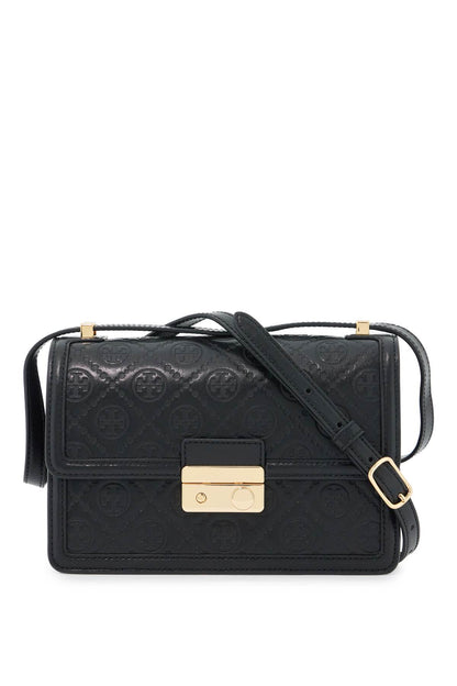 Leather T Monogram Shoulder Bag  - Black