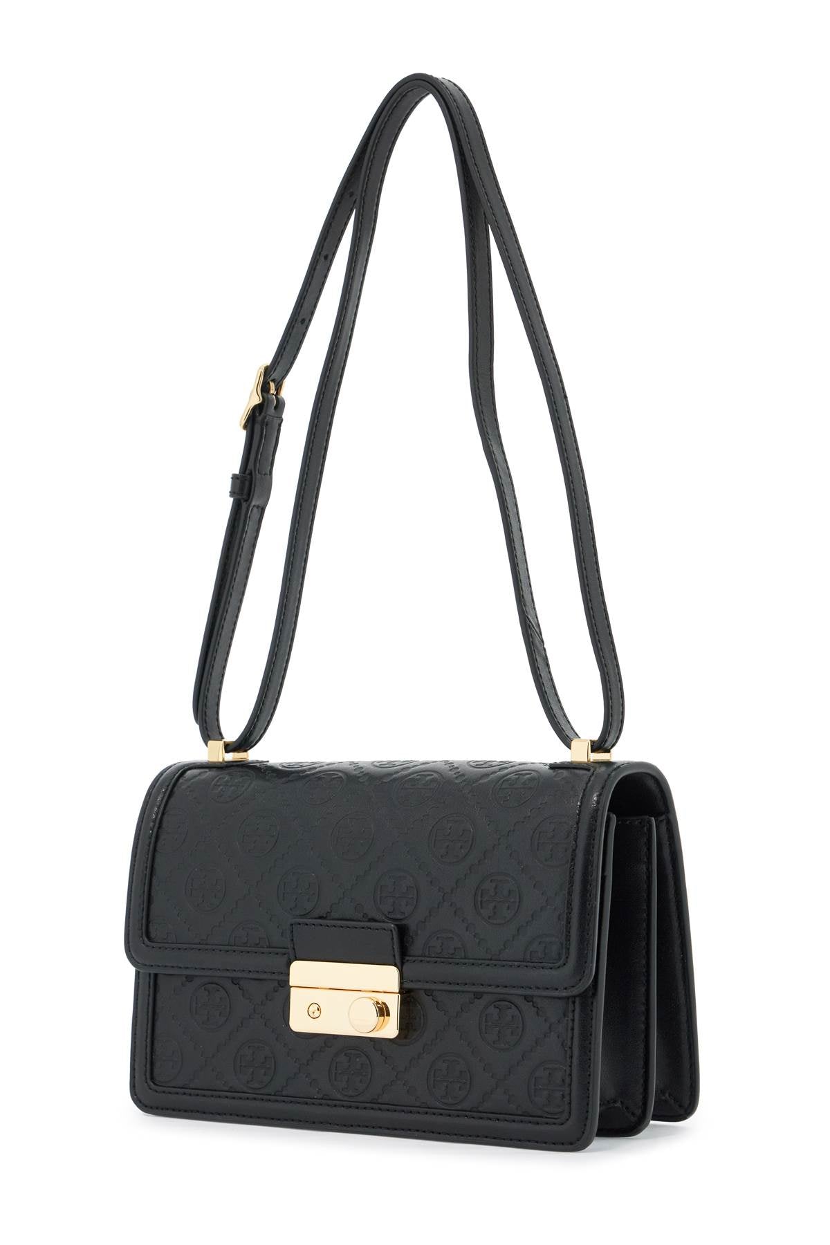 Leather T Monogram Shoulder Bag  - Black