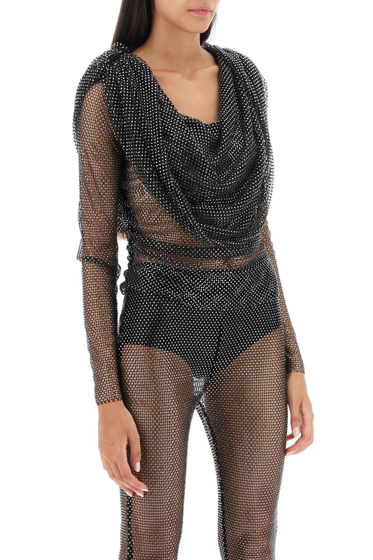 Rhinestone Fishnet Hooded Top  - Black