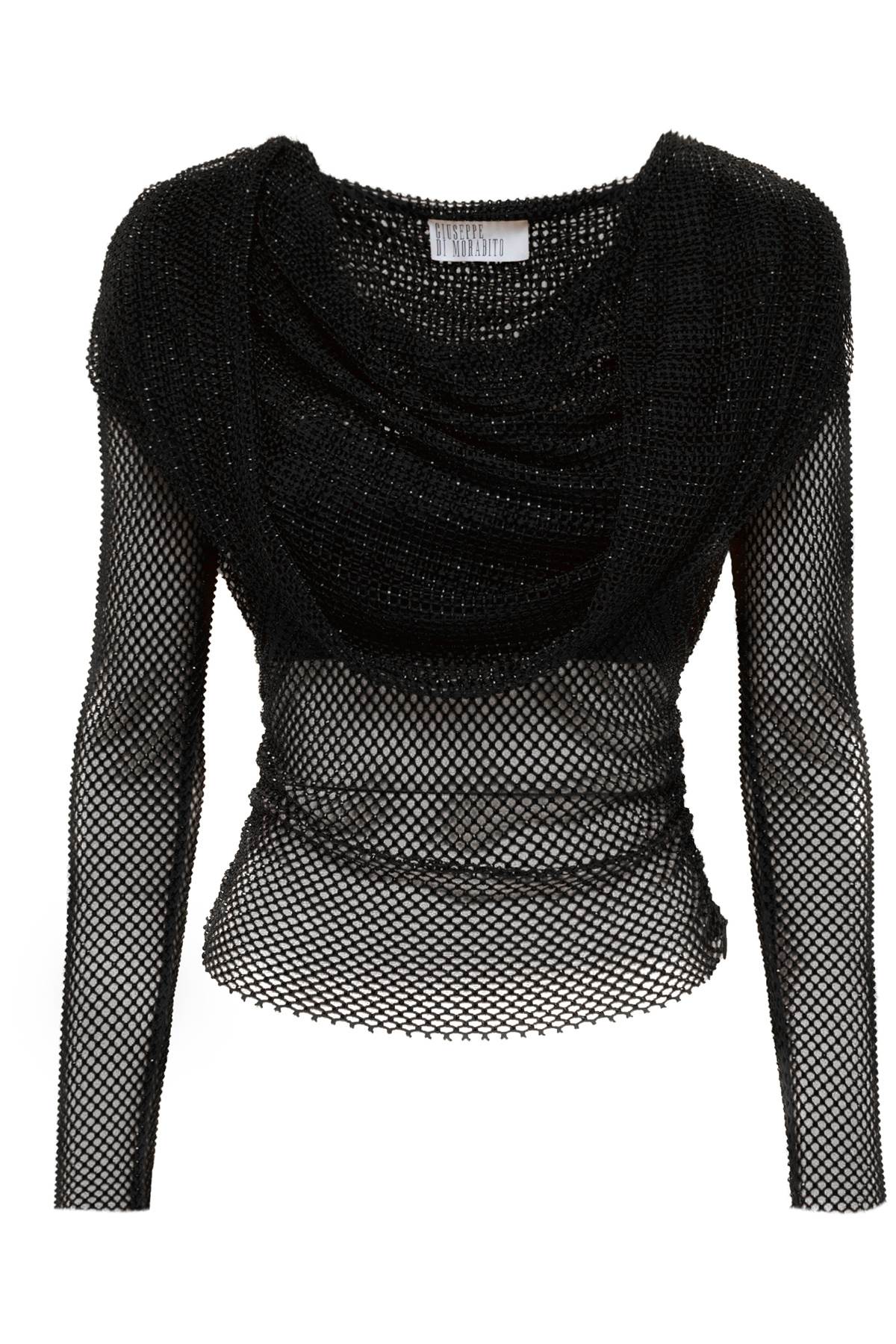 Rhinestone Fishnet Hooded Top  - Black