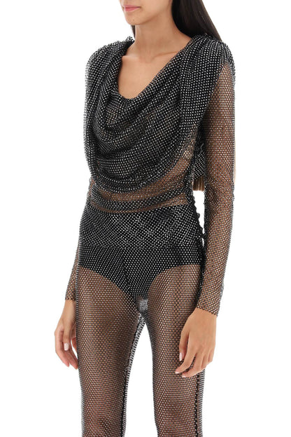 Rhinestone Fishnet Hooded Top  - Black