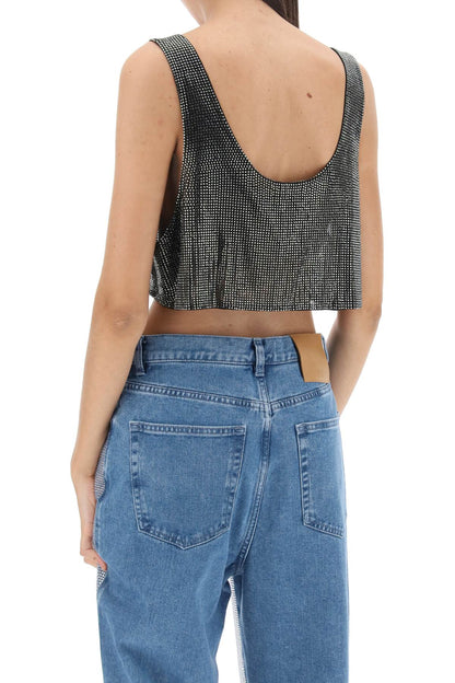 Cropped Tank Top In Rhinestone-studded Mesh  - Black