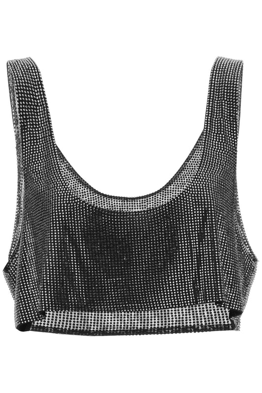 Cropped Tank Top In Rhinestone-studded Mesh  - Black