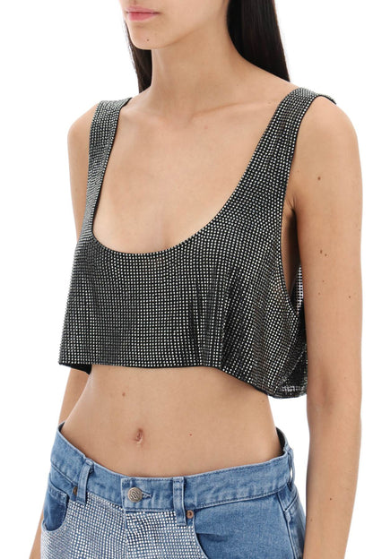 Cropped Tank Top In Rhinestone-studded Mesh  - Black