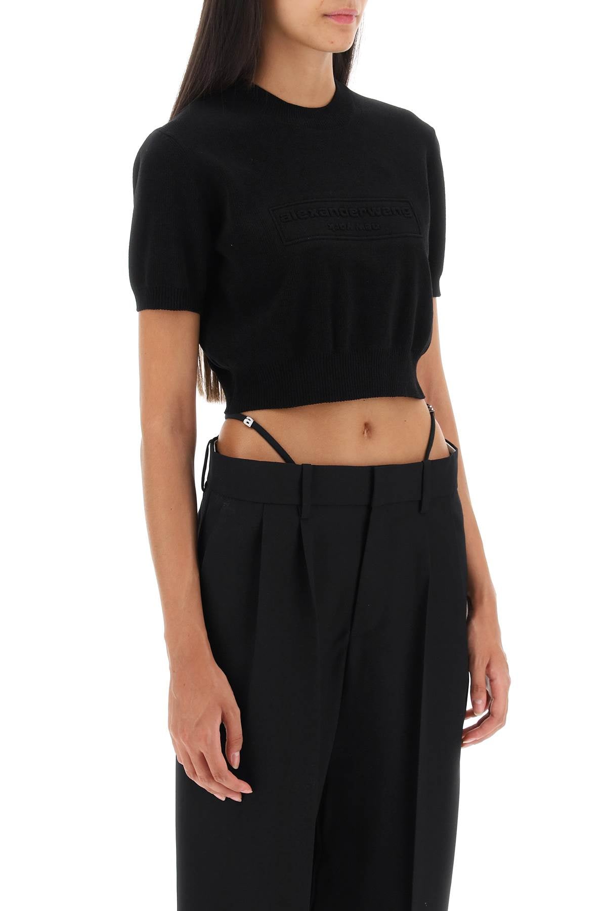 Logo Embossed Crop Top  - Black