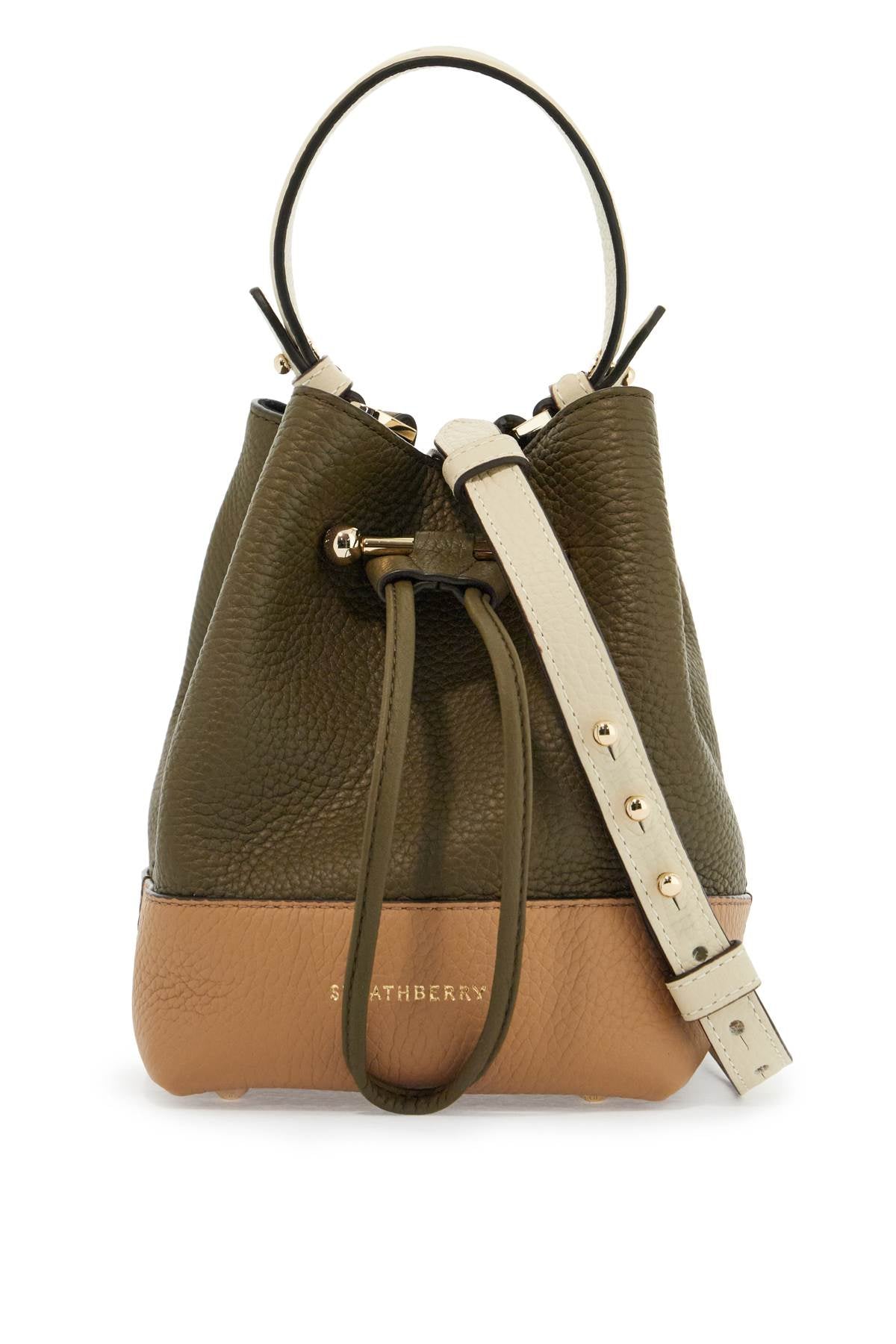 Khaki And Caramel Calf Leather Bag With Drawstring Closure And Golden Finishes  - Khaki