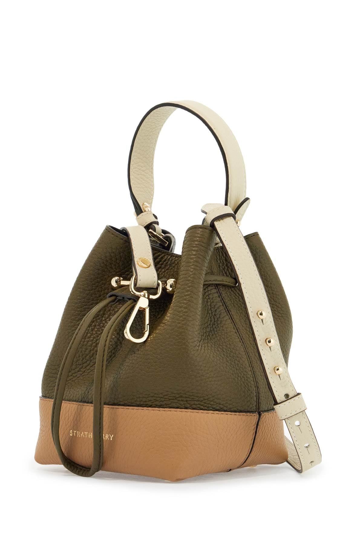 Khaki And Caramel Calf Leather Bag With Drawstring Closure And Golden Finishes  - Khaki