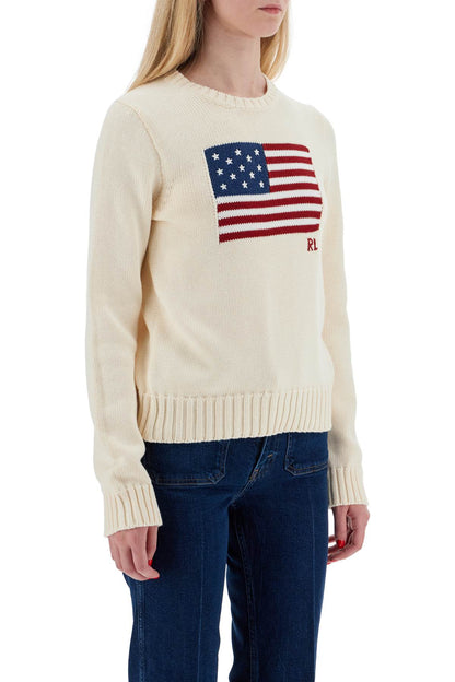 "cotton Pullover With Flag Design  - White