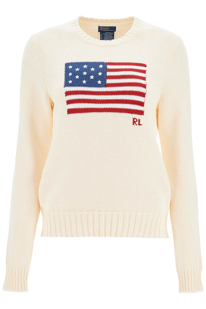 "cotton Pullover With Flag Design  - White