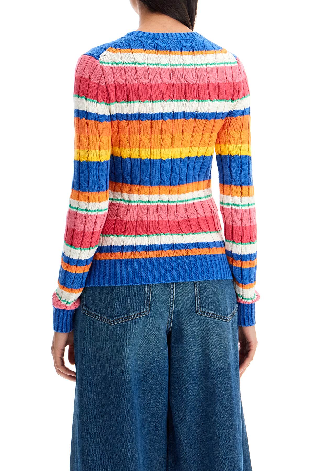 Cotton Crewneck Sweater With Braided Design  - Multicolor