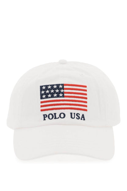 Baseball Cap In Twill With Embroidered Flag  - White