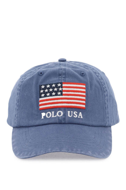 Baseball Cap In Twill With Embroidered Flag  - Blu