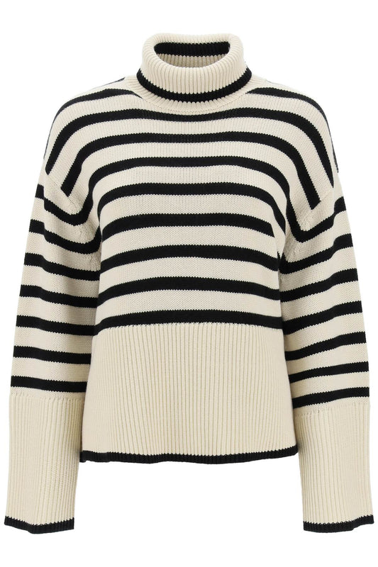 Striped Wool Cotton Turtleneck  - Beige