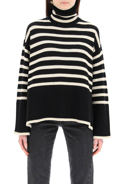 Striped Wool Cotton Turtleneck  - Black