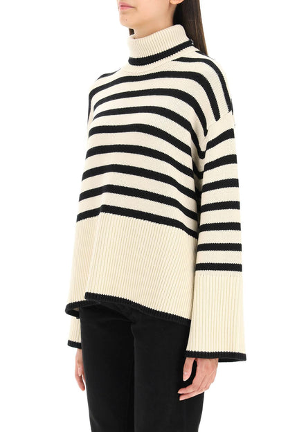 Striped Wool Cotton Turtleneck  - Beige