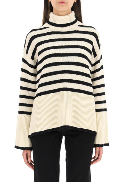 Striped Wool Cotton Turtleneck  - Beige