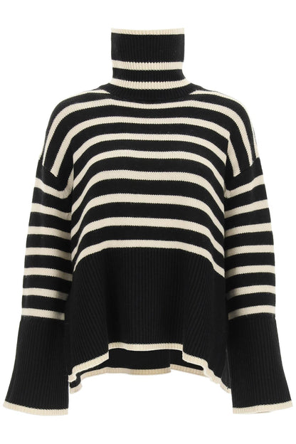 Striped Wool Cotton Turtleneck  - Black