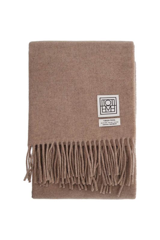 Light Beige Melange Virgin Wool Scarf With Fringes  - Beige