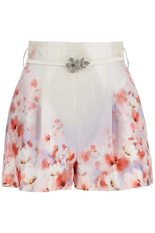 Red Low-waist Floral Silk And Cotton Shorts  - Red