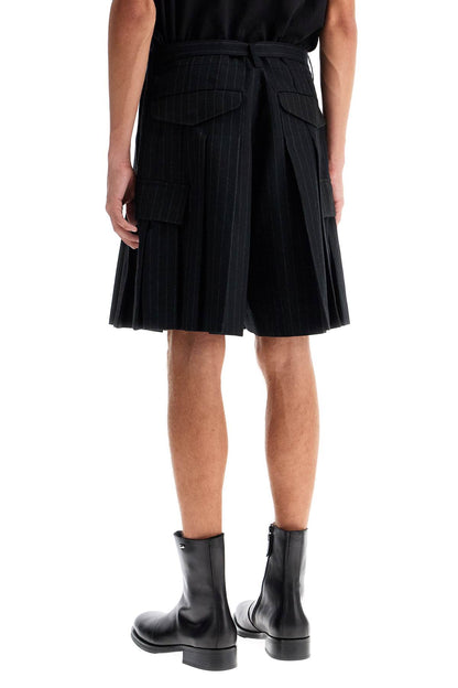 Striped Pleated Bermuda Shorts  - Black