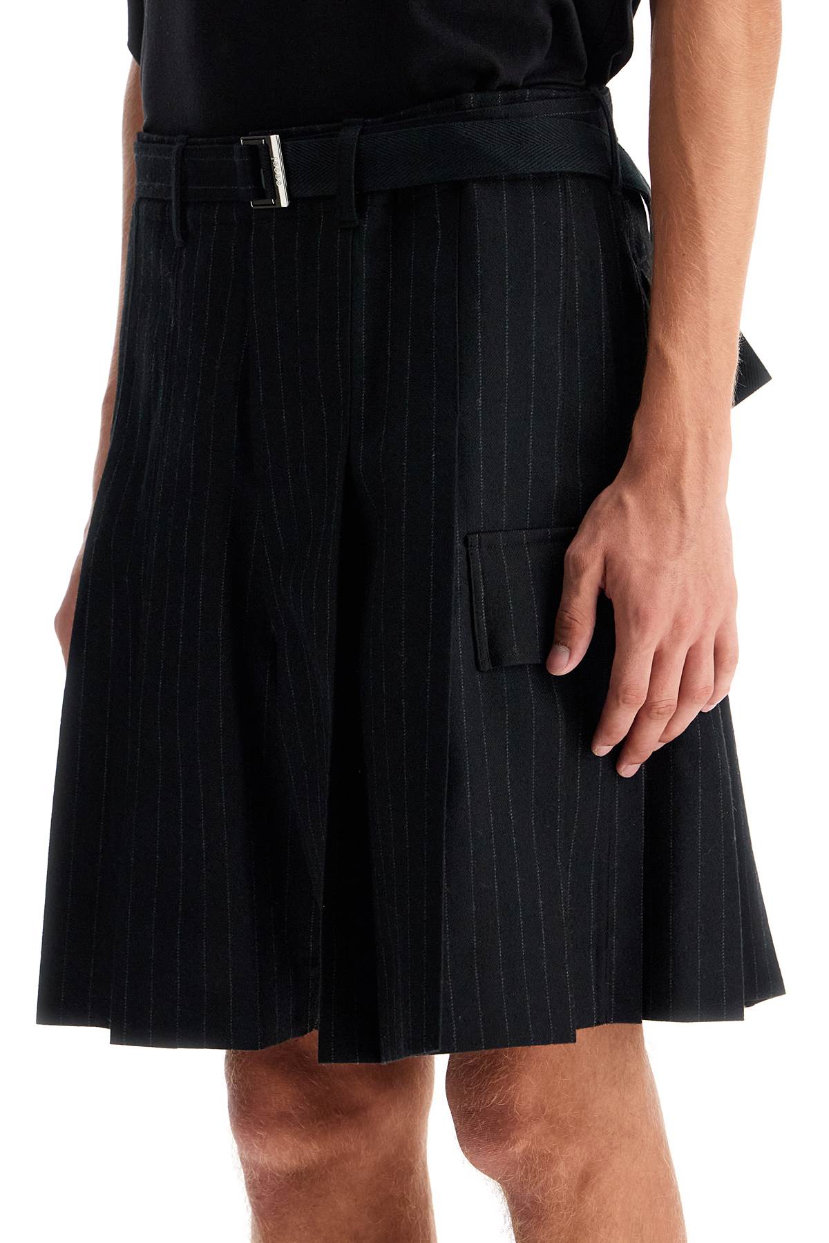 Striped Pleated Bermuda Shorts  - Black