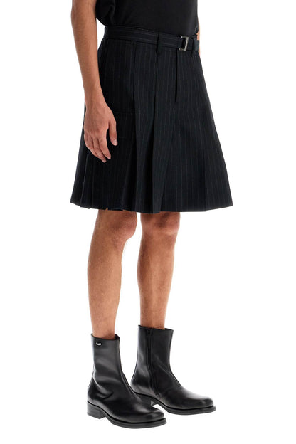 Striped Pleated Bermuda Shorts  - Black