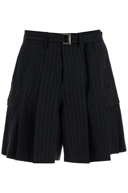 Striped Pleated Bermuda Shorts  - Black