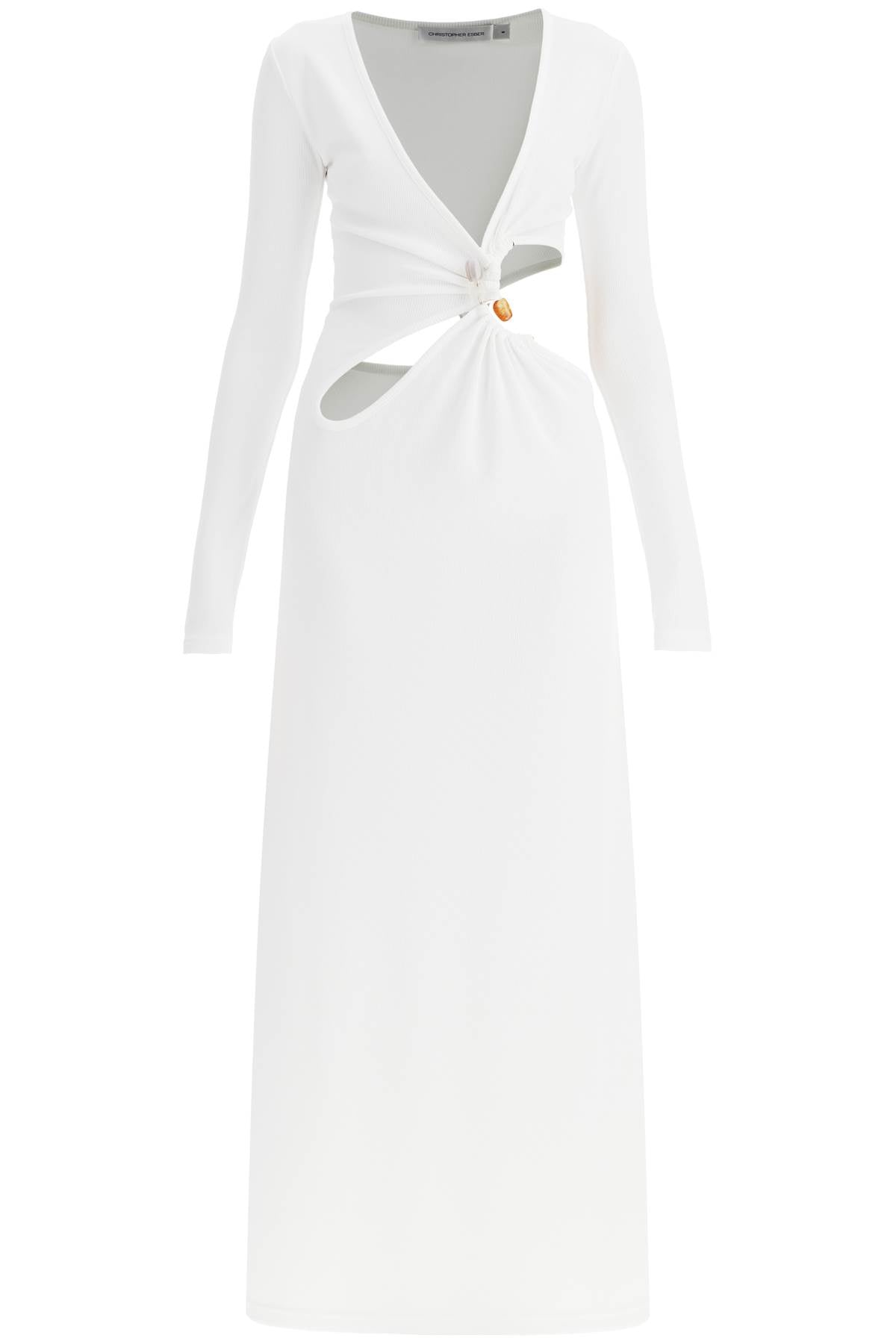 Long Dress With Cut Outs And Natural Stones  - White