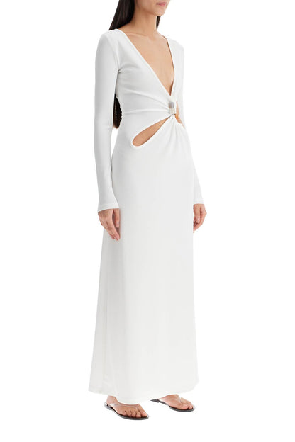 Long Dress With Cut Outs And Natural Stones  - White