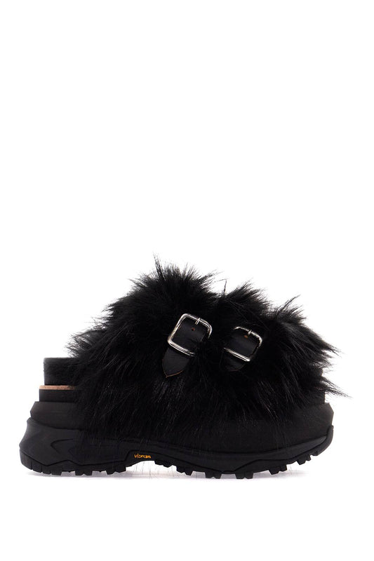 Slides With Faux Fur Strap  - Black