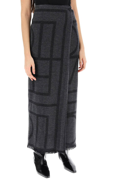 Monogram Wool Maxi Sarong Skirt  - Grey