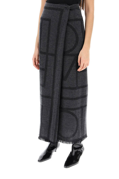 Monogram Wool Maxi Sarong Skirt  - Grey