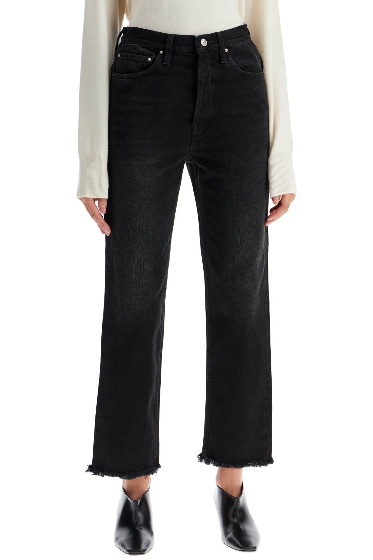 Classic Fit Jeans With Frayed Hemline  - Black