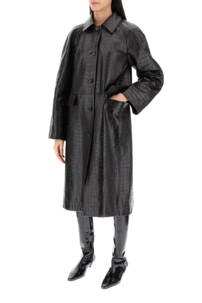 Crocodile Embossed Leather Coat  - Brown